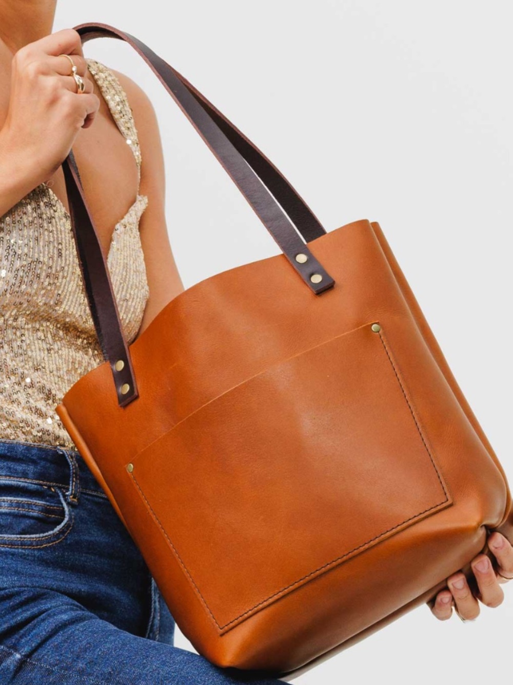 Portland Leather Classic Brown Leather Tote Bag with Dark Brown Straps